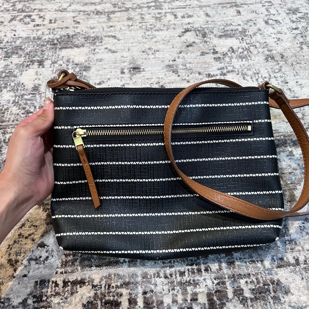 Fossil Fiona Small Black and White Striped Crossbody Bag with Brown Strap - Picture 6 of 10